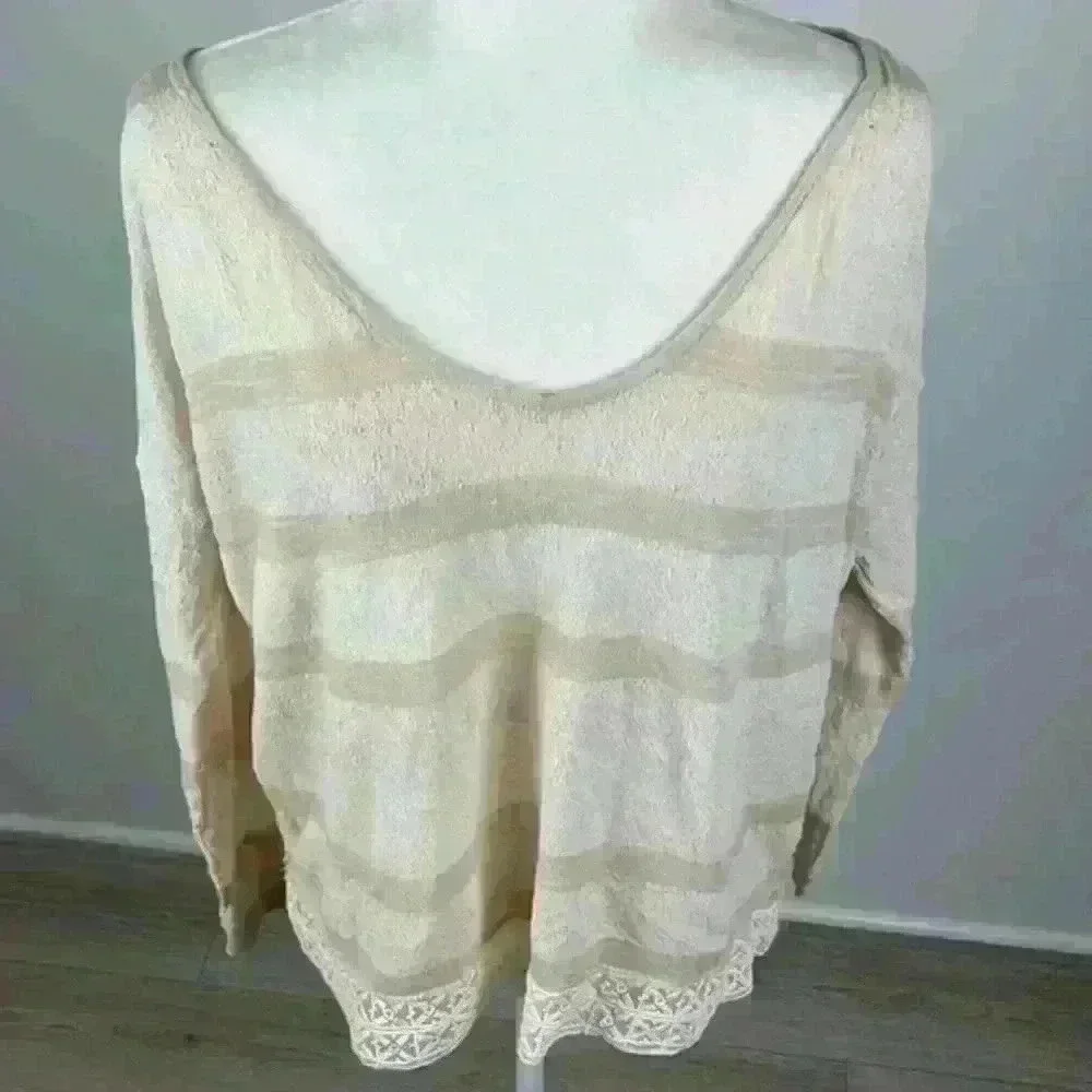 Free People Tan V-Neck Long Sleeve Top Size M